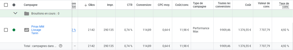 Tableau original Google Ads du bilan général de PMax Tanin