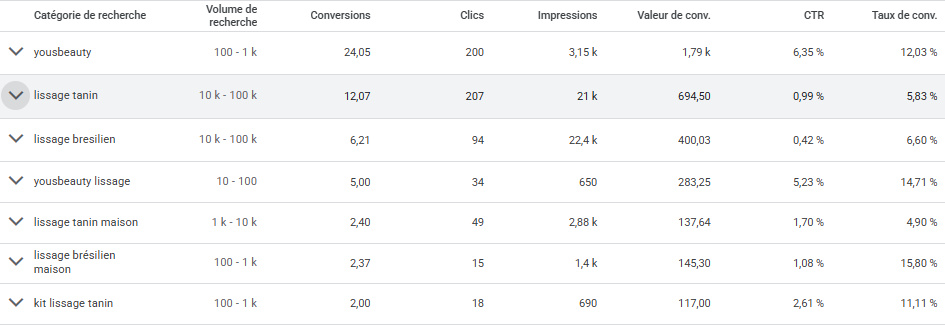 Tableau Google Ads des catégories de recherche
